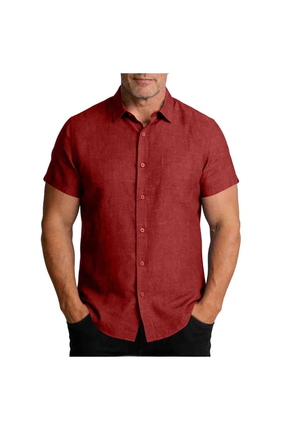 Men's Cotton Linen Casual Button Shirts Lapel Collar Short Sleeve Shirts Summer Beach Dress Shirt