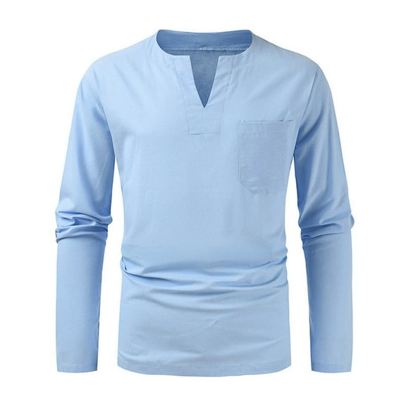 HAiming Men's Cotton Linen Shirt Solid Color Long Sleeved V-Neck Pullover Tops Fashion Casual Plus Size Loose Blouse