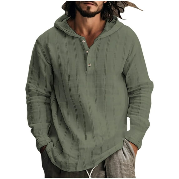 HAiming Men's Cotton Linen Striped Hoodies Trendy Button Long Sleeved Sweatshirts Plus Size Casual Loose Pullover Tops