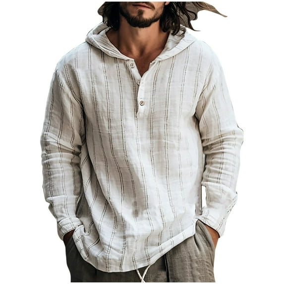 HAiming Men's Cotton Linen Striped Hoodies Trendy Button Long Sleeved Sweatshirts Plus Size Casual Loose Pullover Tops
