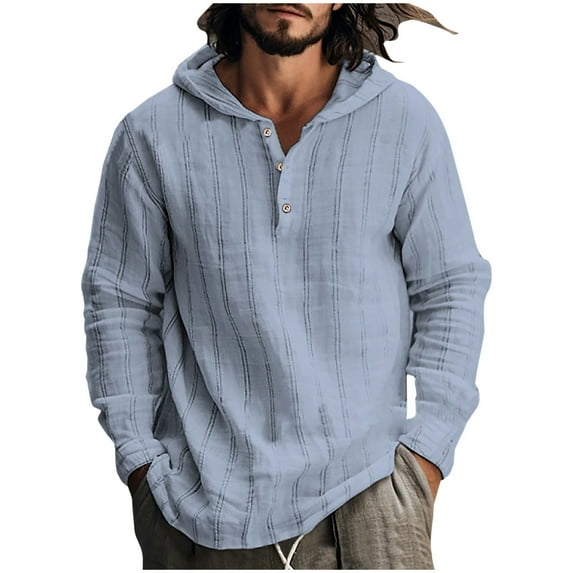 HAiming Men's Cotton Linen Striped Hoodies Trendy Button Long Sleeved Sweatshirts Plus Size Casual Loose Pullover Tops