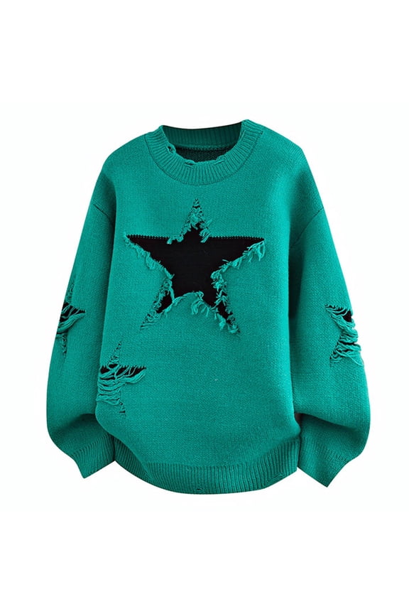 Men's Distressed Contrast Binding Crew Neck Sweater Star Casual Oversize Long Sleeve Knit Top