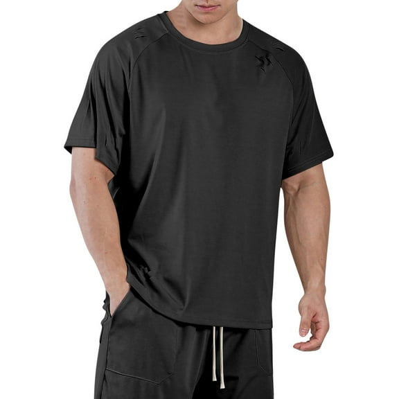 HAiming Men's Distressed Ripped Shirts Summer Short Sleeve Solid Round Neck Tee Tops Plus Size Casual Loose Blouse