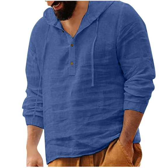 HAiming Men's Drawstring Hooded Plus Size Cotton Linen Button Long Sleeve Sweatshirt Trendy Casual Solid Pullover Tops