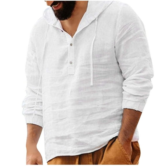 HAiming Men's Drawstring Hooded Plus Size Cotton Linen Button Long Sleeve Sweatshirt Trendy Casual Solid Pullover Tops