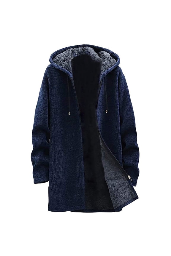 Men's Fleece Lined Hooded Jacket Solid Color Long Sleeve Windbreaker Zipper Coat Winter Plus Size Warm Outwear