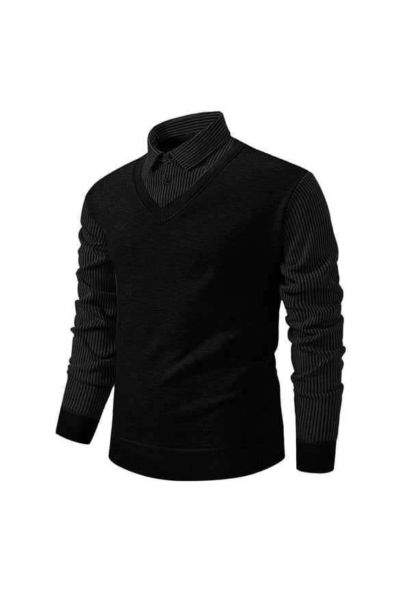 Men's Lapel Shirts Sweater Trendy Striped Long Sleeve Knit Pullover Tops Plus Size Casual Thicken Blouse