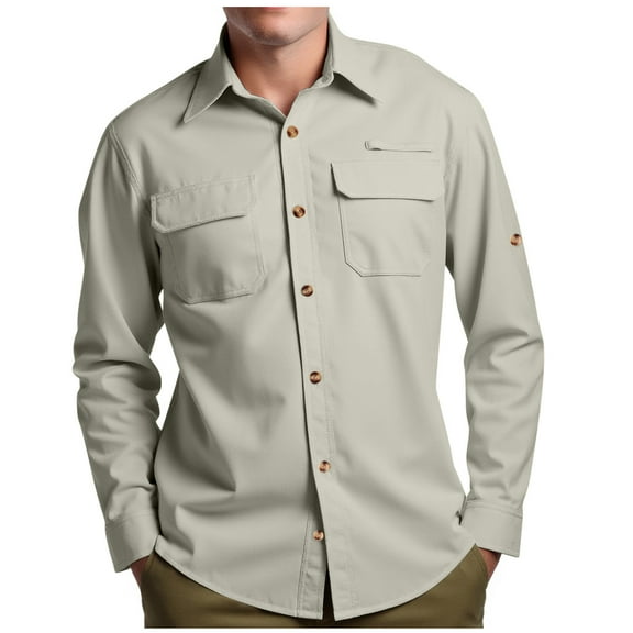 HAiming Men's Long Sleeve Shirt Jacket Button down Long Sleeve Lepal Collar Shirts with Pockets for Travel Hiking