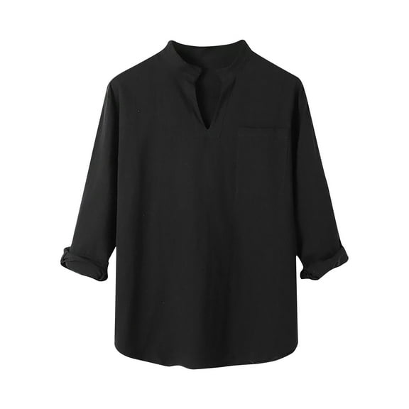 HAiming Men's Long Sleeve Shirts Summer Trendy V Neck Slim Solid Pullover Tops Plus Size Casual Blouses with Pockets
