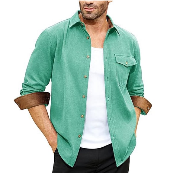 HAiming Men's Long Sleeve Shirts Trendy Solid Lapel Collar Button down Tops Plus Size Casual Work Business Blouse