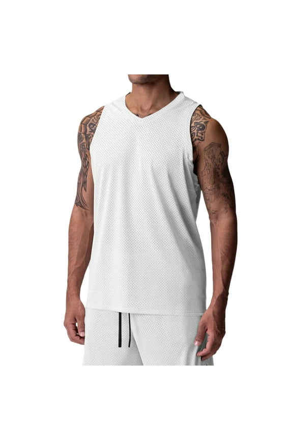 Men's Mesh Tank Top Quick Drying Sleeveless Muscle Shirts V Neck Casual Solid Color Sports Tees Blouse