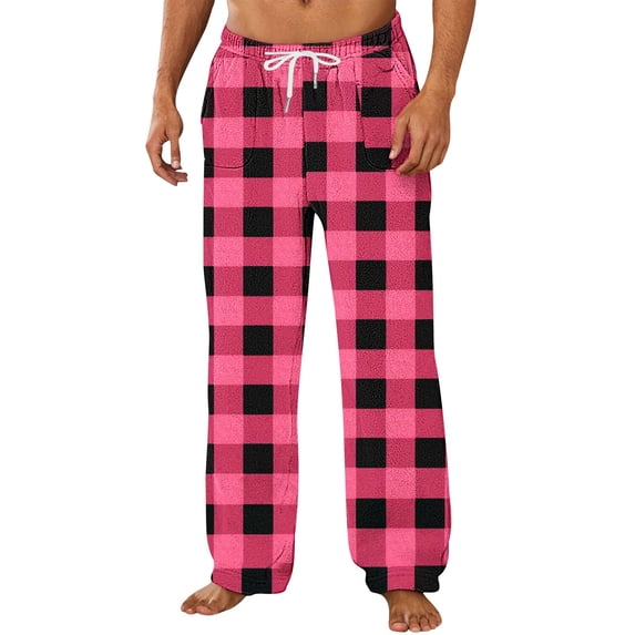 HAiming Men's Pajama Pants Plaid Fleece Straight Wide Leg Sleepwear Casual Elastic Waist Drawstring Loungewear
