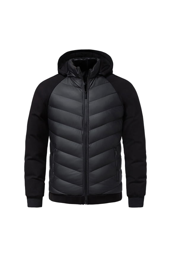 Men's Patchwork Quilted Coats Full Zip Jacket Business Hooded Casual Insulated Outerwear with Pockets