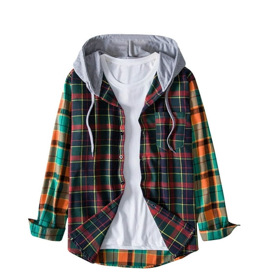 HAiming Men's Plaid Hooded Jacket Fall Winter Trendy Long Sleeve Button down Shirt Coat Plus Size Casual Loose Outwear