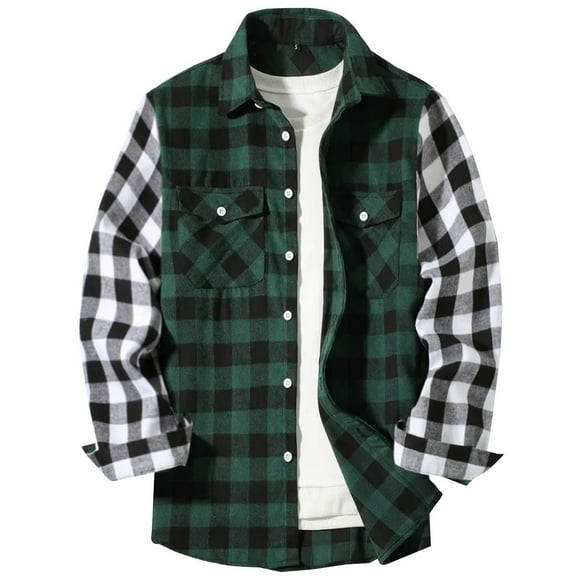 HAiming Men's Plaid Shirts Color Block Lapel Button down Long Sleeved Tops Plus Size Casual Loose Blouse with Pockets