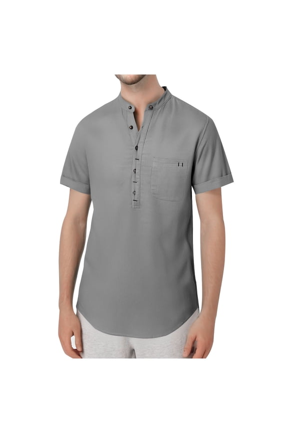 Men's Short Sleeve Cotton Linen Shirts Lightweight Casual Button Loose Summer Beach T-Shirt