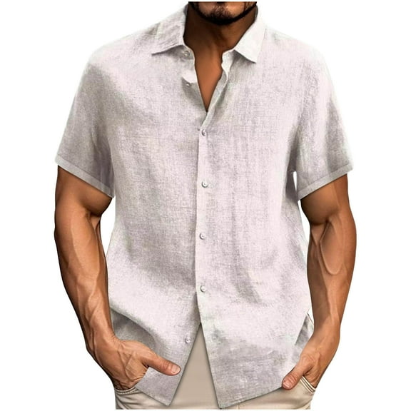 HAiming Men's Short Sleeve Linen Shirts 2025 Summer Casual Button down Tops Solid Color Loose Vacation Beach Blouse
