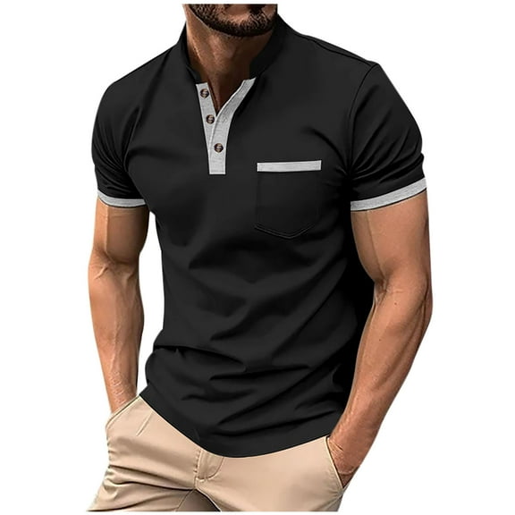 HAiming Men's Short Sleeve Stand Collar T-Shirt Casual Button V Neck Tops Summer Plus Size Athletic Sports Blouse
