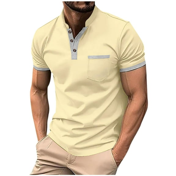 HAiming Men's Short Sleeve Stand Collar T-Shirt Casual Button V Neck Tops Summer Plus Size Athletic Sports Blouse
