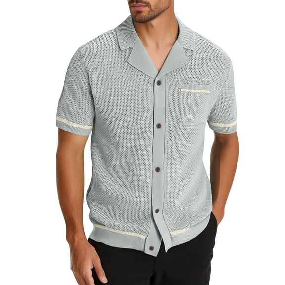 HAiming Men‘s Shrug Knit Shirts Button down Short Sleeve Sweater Casual Striped Fashion Tops with Pocket