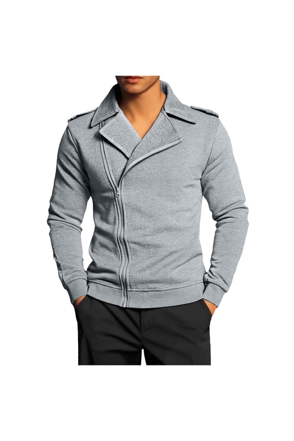 Men's Skew Zip up Motorcycle Jackets Long Sleeve Lapel Collar Solid Color Casual Outerwear Coats