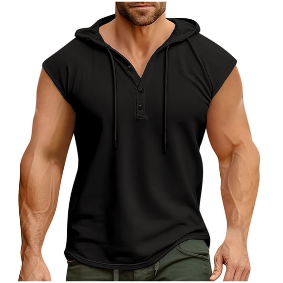 HAiming Men's Sleeveless Workout Drawstring Hooded Button Tank Tops Muscle Gym Bodybuilding Hoodies