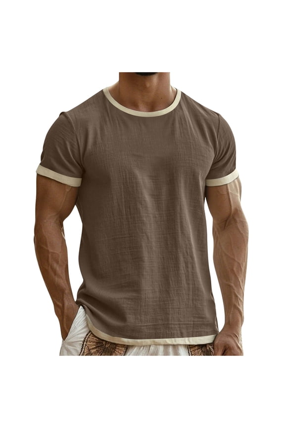Men's Summer Lightweight Cotton Linen Shirts Casual Short Sleeve Color Block Crew Neck Tops