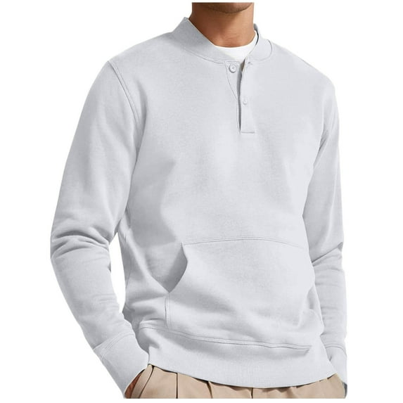 HAiming Men's Sweatshirts Casual Plus Size Solid Long Sleeve Button V-Neck Pullover Tops with Pocket 2025 Fall Clothes