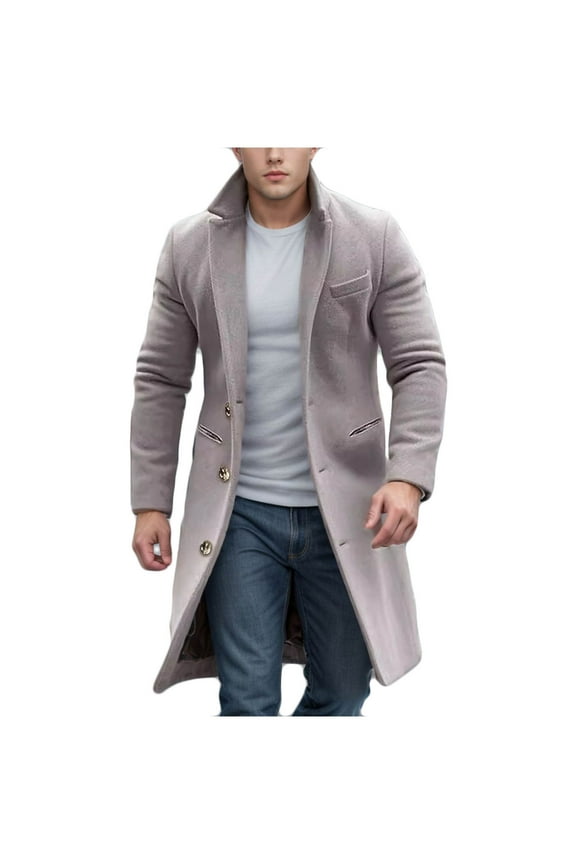 Men's Trench Coat Winter Notched Lapel Button Long Sleeve Classic Wool Jacket Plus Size Casual Loose Overcoat