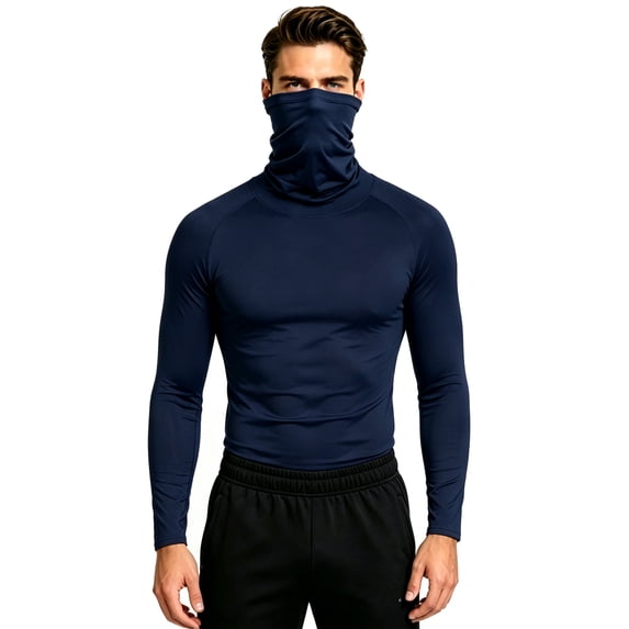HAiming Men's Turtleneck T-Shirts Stretch Slim Fitted Pullover Long Sleeve Workout Casual Tee Tops with Mask