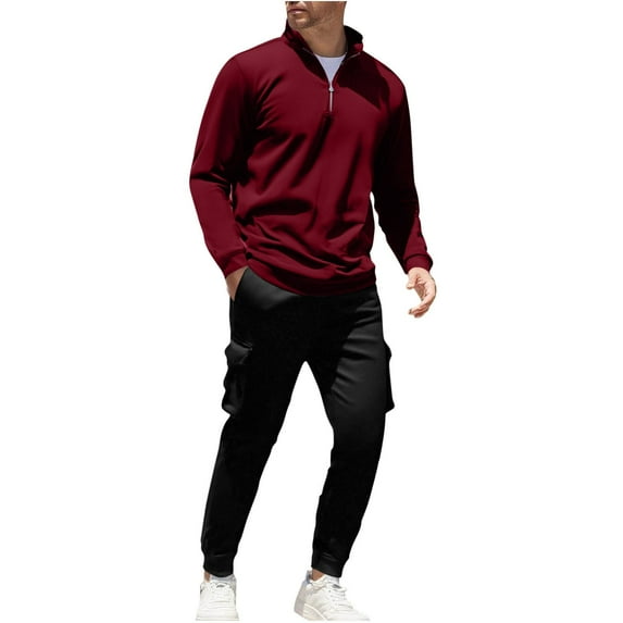 HAiming Mens 2 Piece Tracksuit Long Sleeve Quarter Zip Stand Neck Tops and Cargo Pant Solid Color Outfits with Pockets
