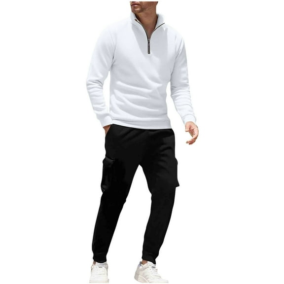 HAiming Mens 2 Piece Tracksuit Long Sleeve Quarter Zip Stand Neck Tops and Cargo Pant Solid Color Outfits with Pockets