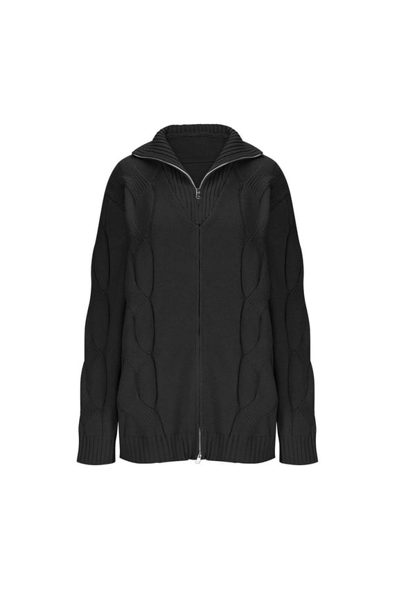 Mens Cardigan Sweater Solid Color Lapel Long Sleeve Zip up Cable Knitted Jackets Plus Size Casual Coat Outwear