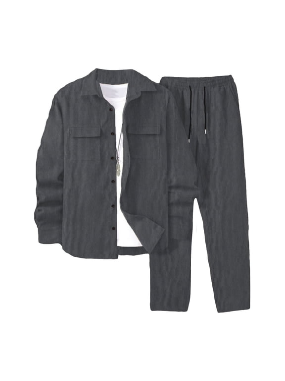 Mens Corduroy 2 Piece Sets Outfits Button down Shirts Coats Jackets Pants with Pockets Fall Winter Clothes