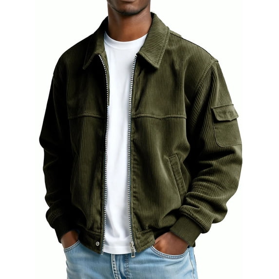HAiming Mens Corduroy Full Zip Jacket Plus Size Lapel Long Sleeve Vintage Coat with Pockets Trendy Clothes