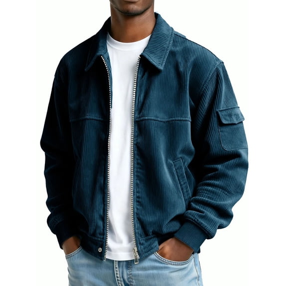 HAiming Mens Corduroy Full Zip Jacket Plus Size Lapel Long Sleeve Vintage Coat with Pockets Trendy Clothes