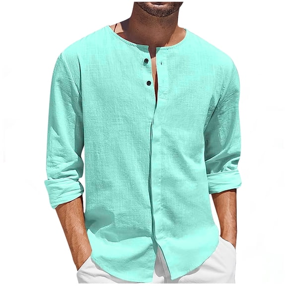 HAiming Mens Cotton Linen Shirts Fashion Solid Long Sleeve Crewneck Button down Tops Plus Size Casual Comfort Blouse