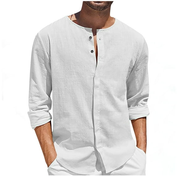 HAiming Mens Cotton Linen Shirts Fashion Solid Long Sleeve Crewneck Button down Tops Plus Size Casual Comfort Blouse