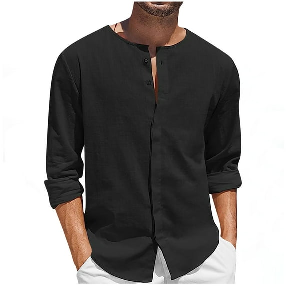 HAiming Mens Cotton Linen Shirts Fashion Solid Long Sleeve Crewneck Button down Tops Plus Size Casual Comfort Blouse