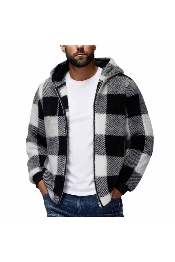 Mens Double Fleece Jacket Coats Plaid Full Zip Winter Warm Long Sleeve Casual Going out Outwear