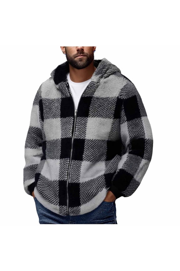 Mens Double Fleece Jacket Coats Plaid Full Zip Winter Warm Long Sleeve Casual Going out Outwear