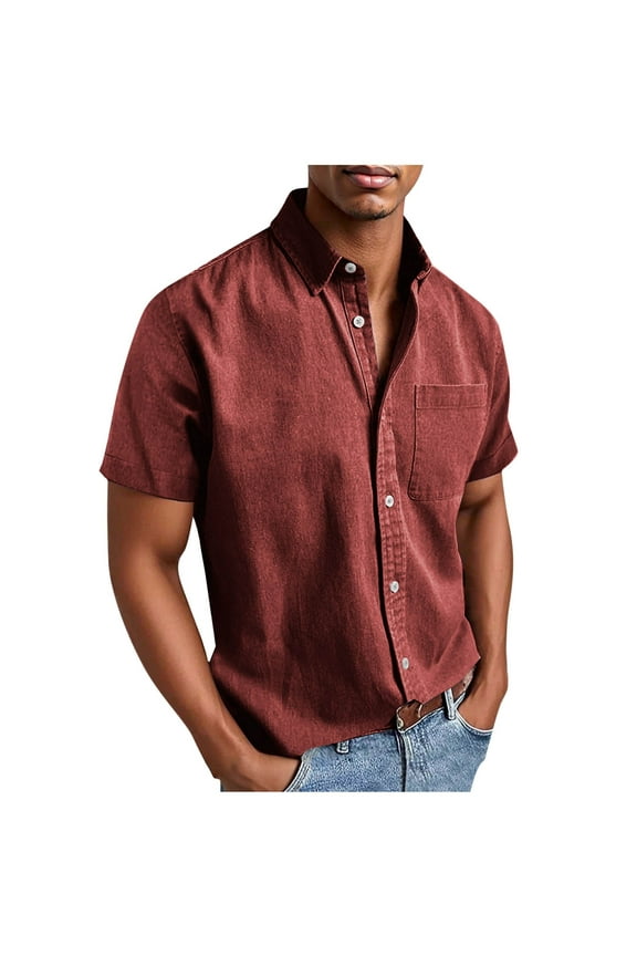 Mens Dressy Shirt Lapel Collar Short Sleeve Button down Solid Color Business Work Tops with Pocket