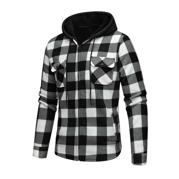 HAiming Mens Fleece Lined Jacket Plaid Full Zip Casual Long Sleeve Drawstring Hooded Coat with Pockets