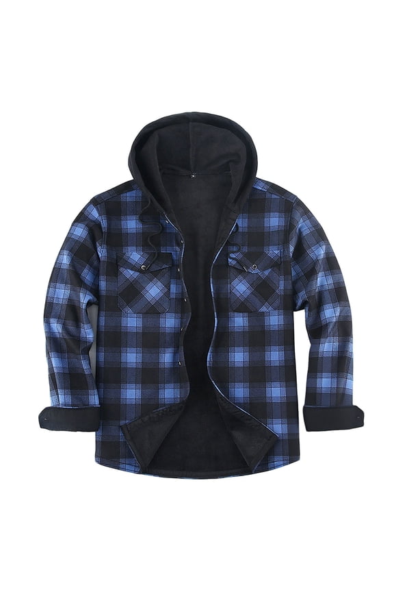 Mens Fleece Lined Plaid Jackets Coat Drawstring Hood Button Casual Long Sleeve Outwear with Pockets