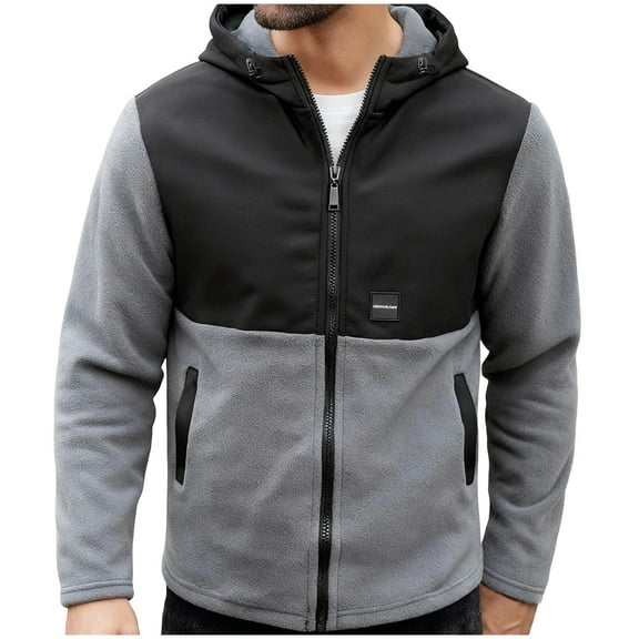 HAiming Mens Full Zip Hooded Jacket Color Block Fuzzy Fleece Warm Sweatshirt Winter Outwear with Pockets