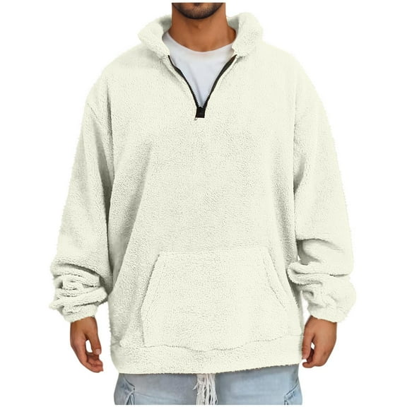 HAiming Mens Fuzzy Sweatshirt Quarter Zip Long Sleeve Stand Collar Pullover Tops Winter Plus Size Casual Warm Blouse