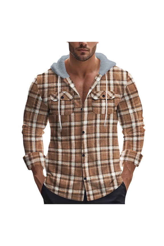Mens Jacket Plaid Button down Drawstring Hooded Coats Long Sleeve Casual Warm Fashion Clothes