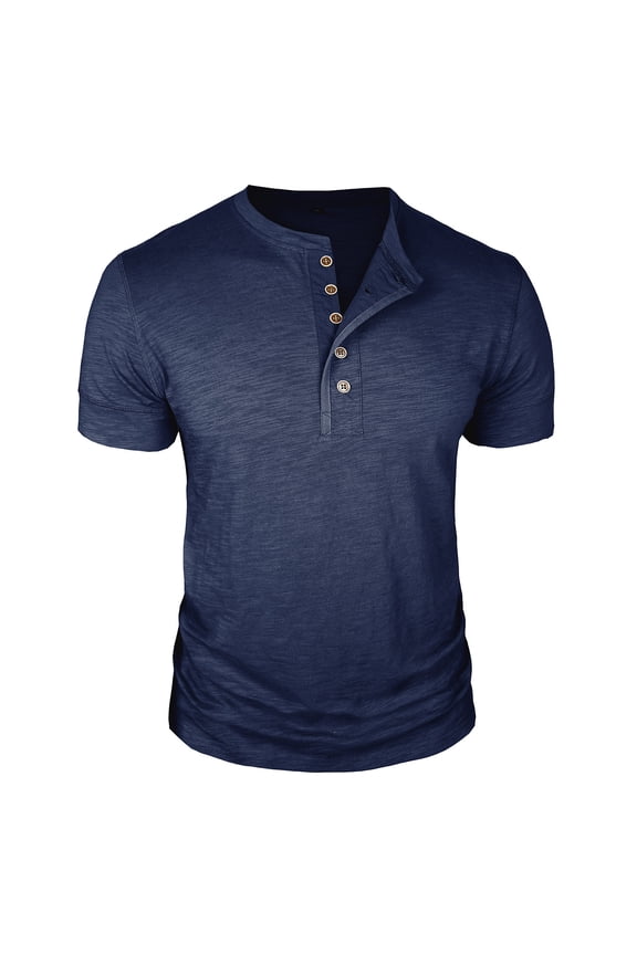 Mens Knitting Cotton T-Shirt Short Sleeve Casual Button Crew Neck Solid Color Pullover Tops