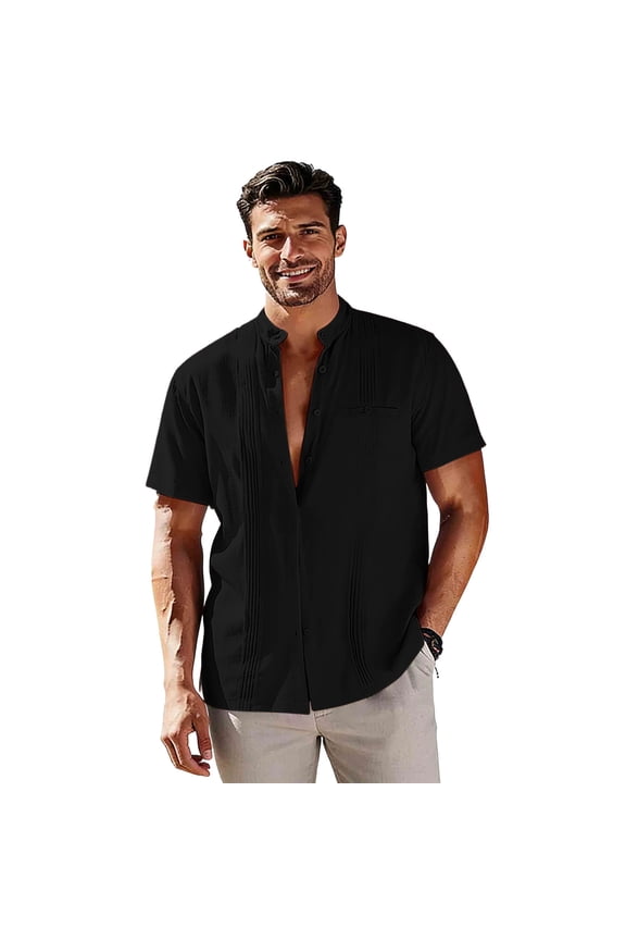 Mens Linen Cotton Button down Shirts Summer Short Sleeve Tee Shirt Casual Vacation Travel Tops