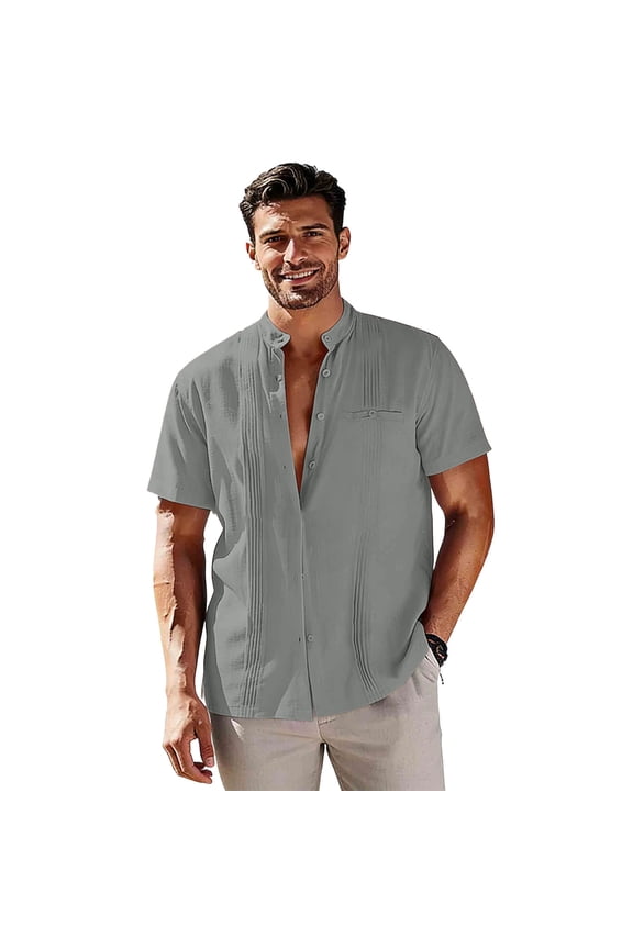 Mens Linen Cotton Button down Shirts Summer Short Sleeve Tee Shirt Casual Vacation Travel Tops